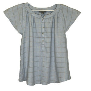 Sharagano Linen Blend Babydoll Top Womens Size Medium Blue Check Flutter Sleeve